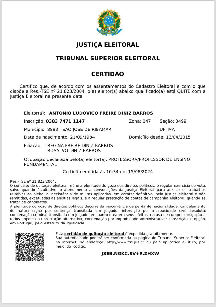 Certidão confirma que Dudu Diniz está quite com a Justiça Eleitoral e é candidato a prefeito em Ribamar – MA