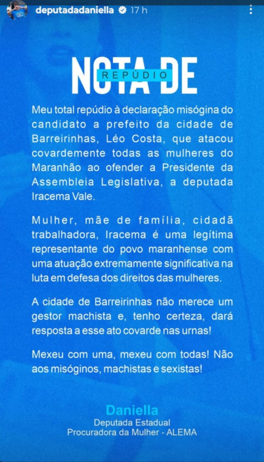 Daniella e Abigail Cunha repudiam ataque de Léo Costa à Iracema Vale