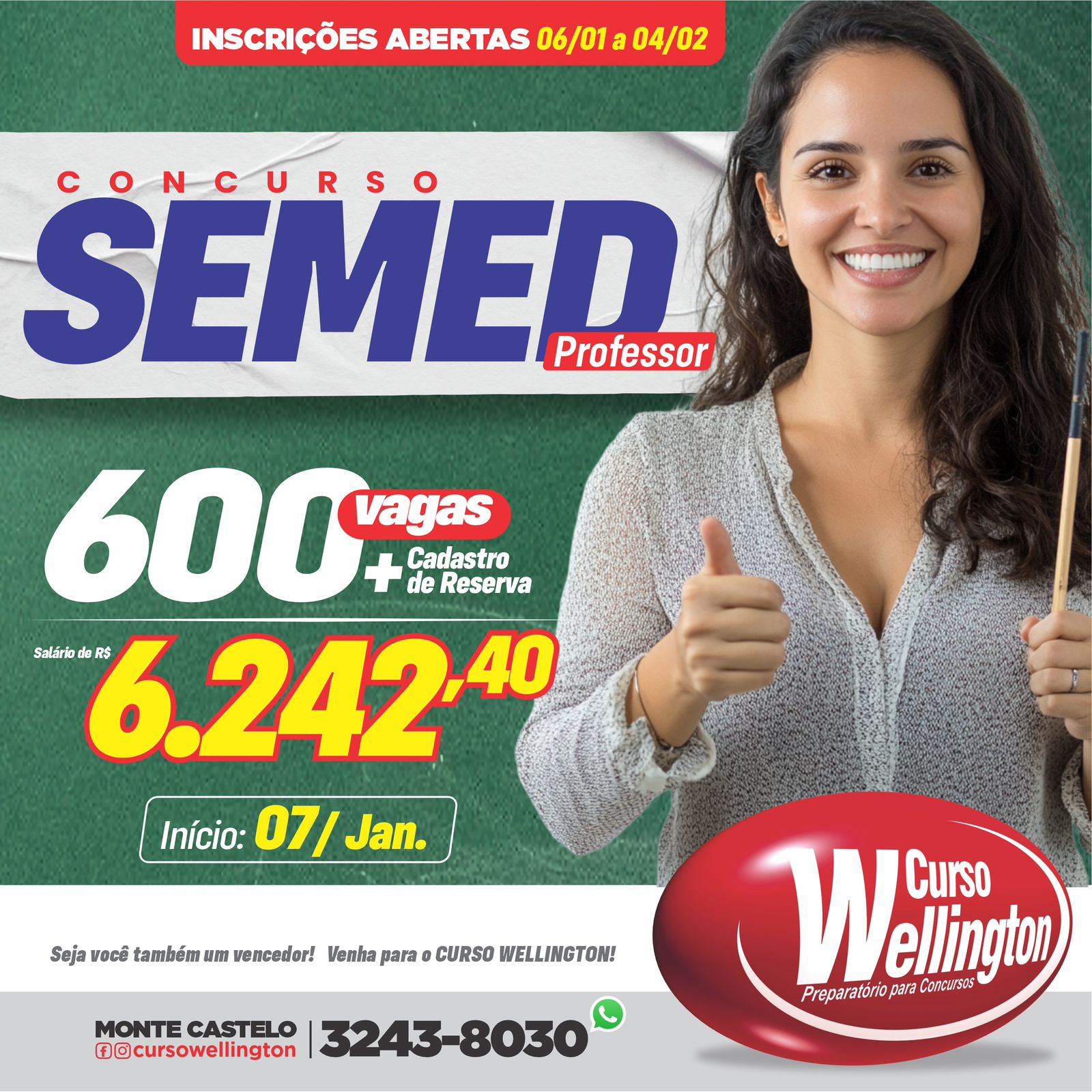 Curso Wellington abre inscrições para turmas preparatórias da SEMED e outros concursos com início em 07 de janeiro